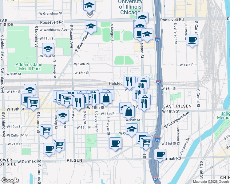 map of restaurants, bars, coffee shops, grocery stores, and more near 1700 South Morgan Street in Chicago