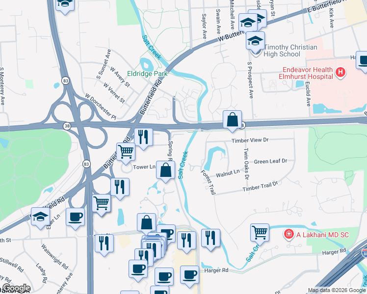 map of restaurants, bars, coffee shops, grocery stores, and more near 1S055 Spring Road in Oakbrook Terrace