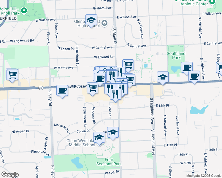 map of restaurants, bars, coffee shops, grocery stores, and more near 1300 S Main St in Lombard