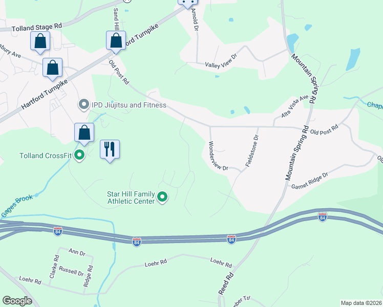 map of restaurants, bars, coffee shops, grocery stores, and more near 35 Belvedere Drive in Tolland