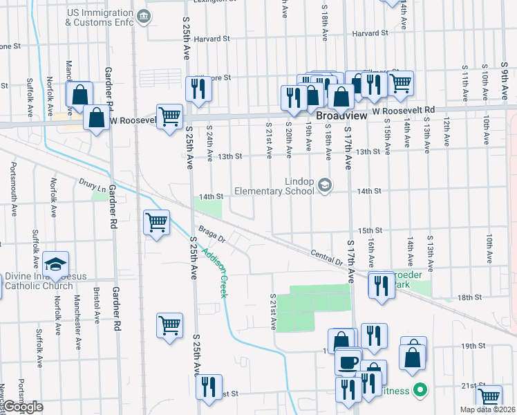 map of restaurants, bars, coffee shops, grocery stores, and more near 2432 South 21st Avenue in Broadview