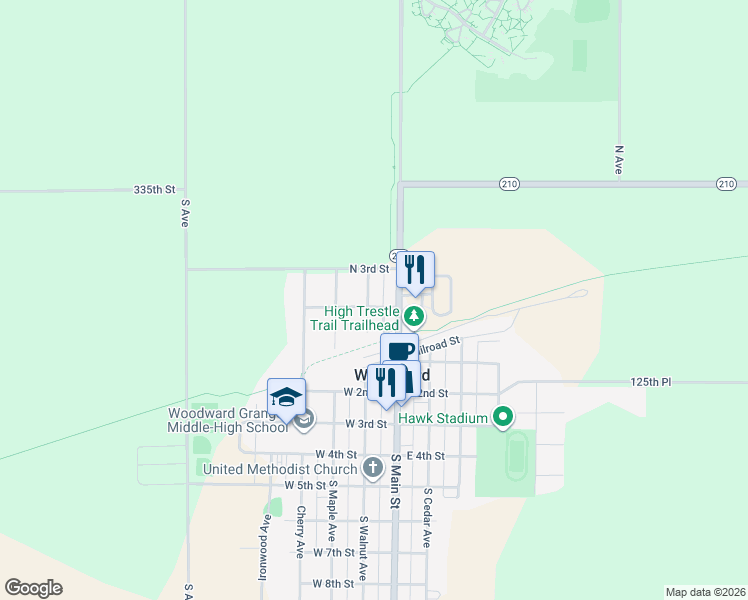 map of restaurants, bars, coffee shops, grocery stores, and more near 116 North Main Street in Woodward