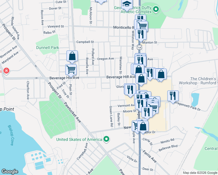 map of restaurants, bars, coffee shops, grocery stores, and more near 11 Annette Avenue in Pawtucket