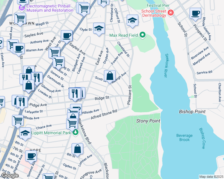 map of restaurants, bars, coffee shops, grocery stores, and more near 22 Glenwood Avenue in Pawtucket