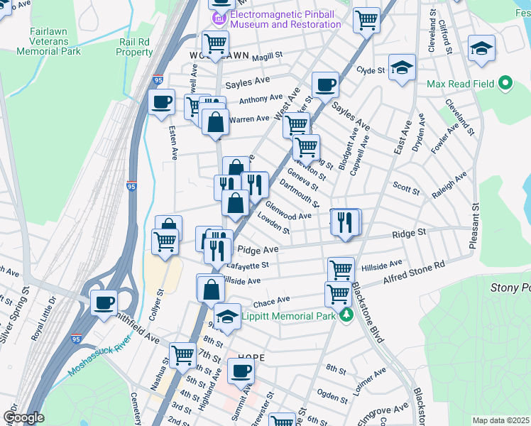 map of restaurants, bars, coffee shops, grocery stores, and more near 49 Carver Street in Pawtucket