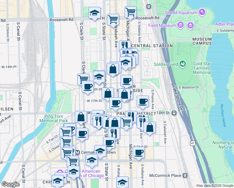 map of restaurants, bars, coffee shops, grocery stores, and more near 1639 South Wabash Avenue in Chicago