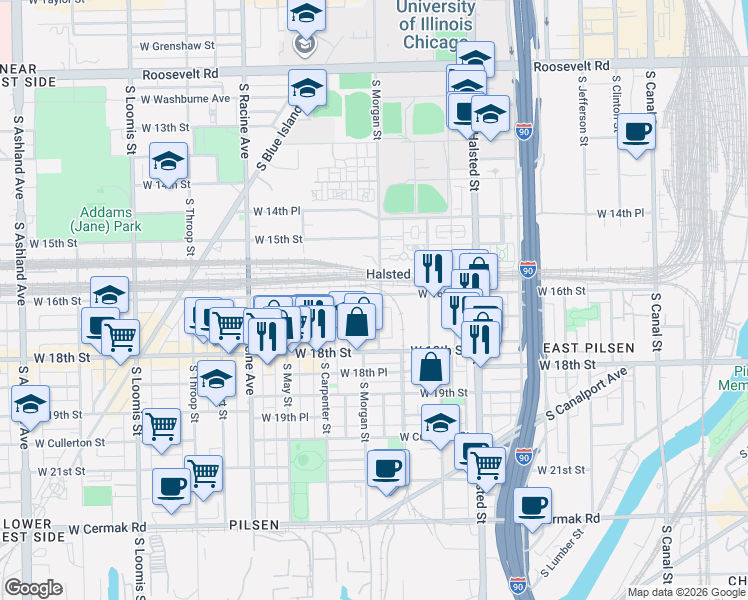 map of restaurants, bars, coffee shops, grocery stores, and more near 1700 South Morgan Street in Chicago