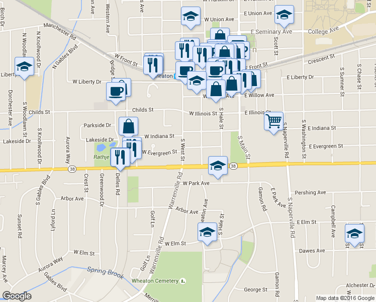 map of restaurants, bars, coffee shops, grocery stores, and more near 618 South West Street in Wheaton