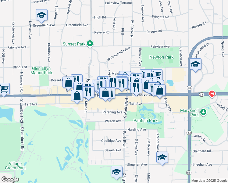 map of restaurants, bars, coffee shops, grocery stores, and more near 585 Roosevelt Road in Glen Ellyn