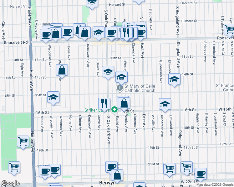 map of restaurants, bars, coffee shops, grocery stores, and more near 1519 Euclid Avenue in Berwyn