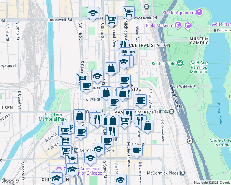 map of restaurants, bars, coffee shops, grocery stores, and more near 1639 South Wabash Avenue in Chicago