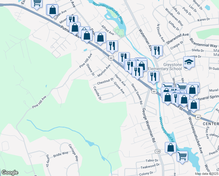 map of restaurants, bars, coffee shops, grocery stores, and more near 8 Forest Hill Drive in Johnston