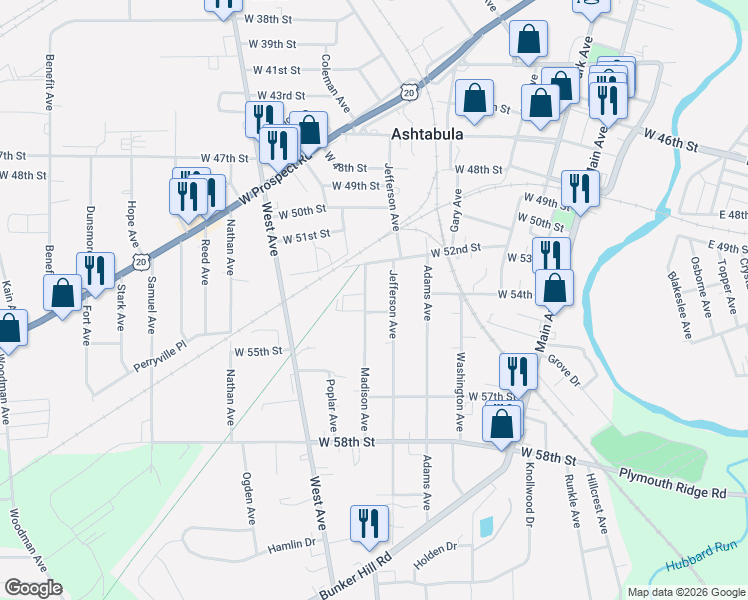 map of restaurants, bars, coffee shops, grocery stores, and more near 5305 Jefferson Avenue in Ashtabula