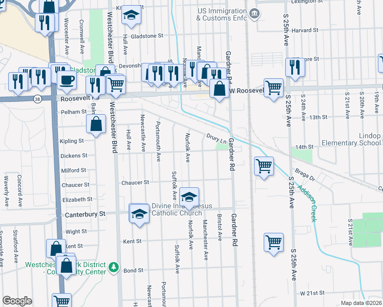 map of restaurants, bars, coffee shops, grocery stores, and more near 1401 Norfolk Avenue in Westchester