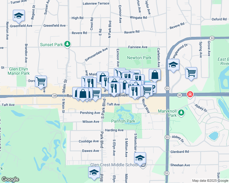 map of restaurants, bars, coffee shops, grocery stores, and more near 19 North Park Boulevard in Glen Ellyn