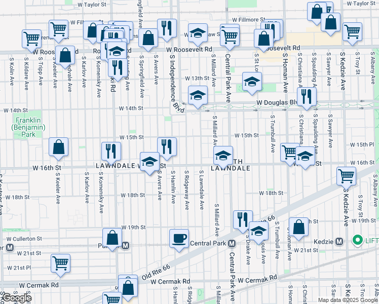 map of restaurants, bars, coffee shops, grocery stores, and more near 1509 South Ridgeway Avenue in Chicago