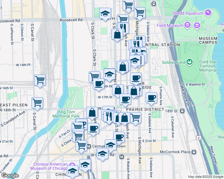 map of restaurants, bars, coffee shops, grocery stores, and more near 1600 South State Street in Chicago