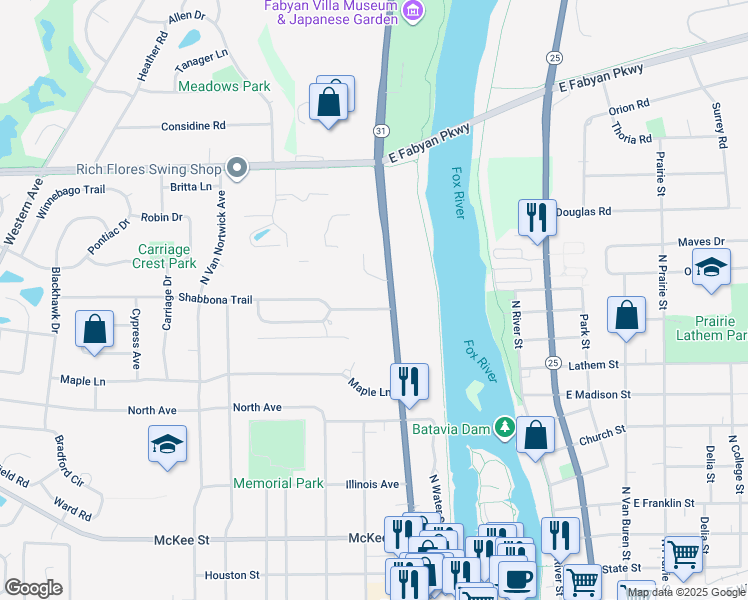 map of restaurants, bars, coffee shops, grocery stores, and more near 637 North Batavia Avenue in Batavia