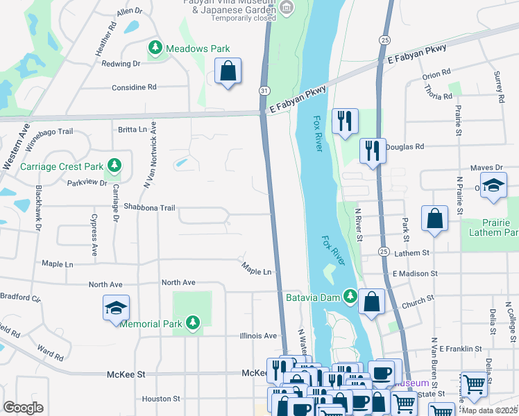 map of restaurants, bars, coffee shops, grocery stores, and more near 637 North Batavia Avenue in Batavia
