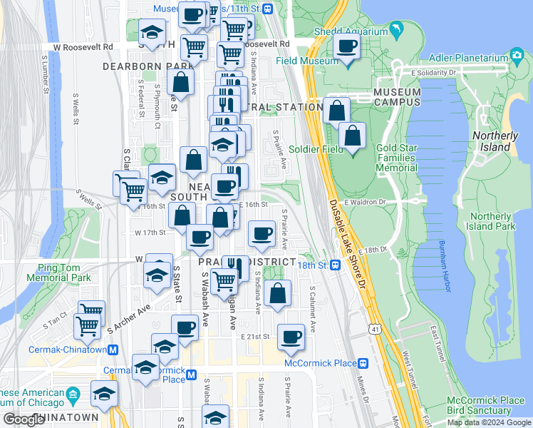 map of restaurants, bars, coffee shops, grocery stores, and more near in Chicago