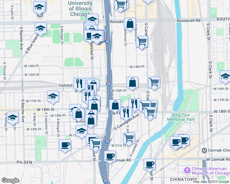 map of restaurants, bars, coffee shops, grocery stores, and more near 638 West 16th Street in Chicago