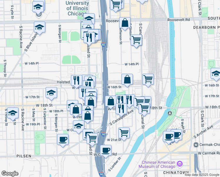 map of restaurants, bars, coffee shops, grocery stores, and more near 638 West 16th Street in Chicago