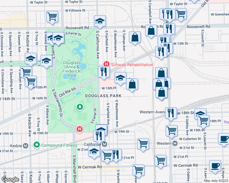 map of restaurants, bars, coffee shops, grocery stores, and more near 2654 West 15th Place in Chicago