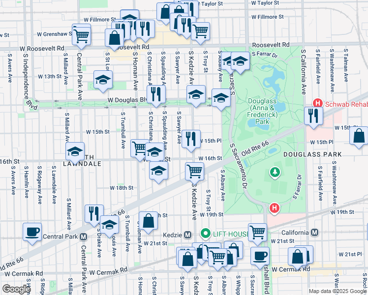 map of restaurants, bars, coffee shops, grocery stores, and more near 1511 South Sawyer Avenue in Chicago