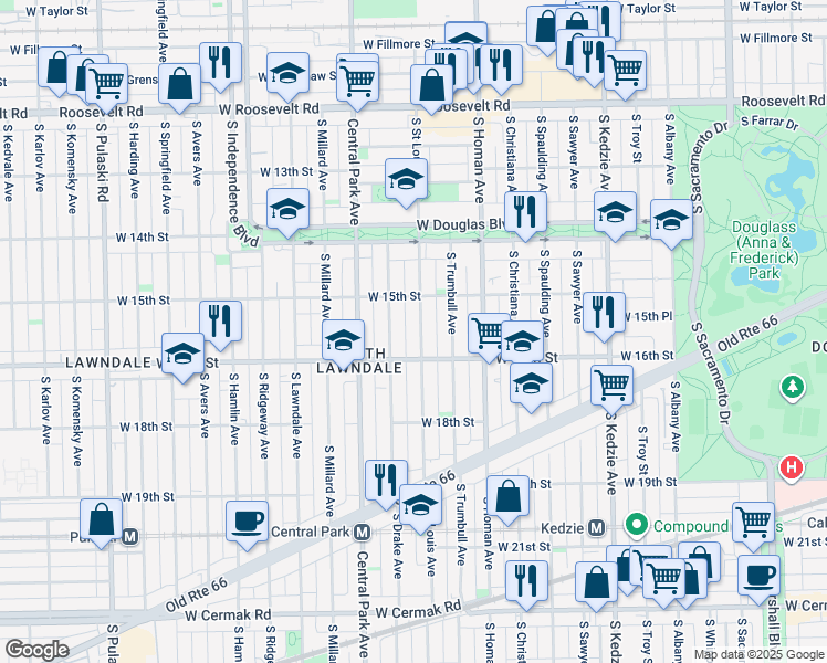 map of restaurants, bars, coffee shops, grocery stores, and more near 1509 South Saint Louis Avenue in Chicago