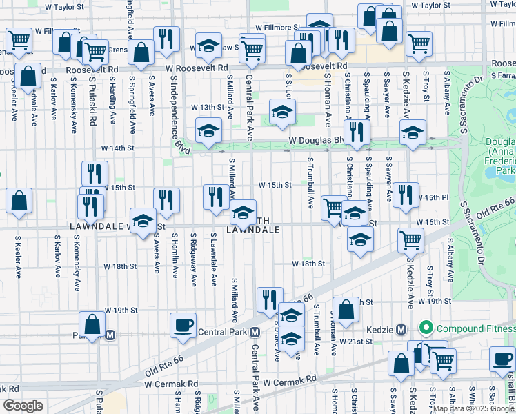 map of restaurants, bars, coffee shops, grocery stores, and more near 1508 South Central Park Avenue in Chicago