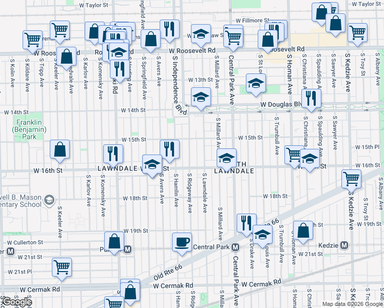 map of restaurants, bars, coffee shops, grocery stores, and more near 1509 South Ridgeway Avenue in Chicago