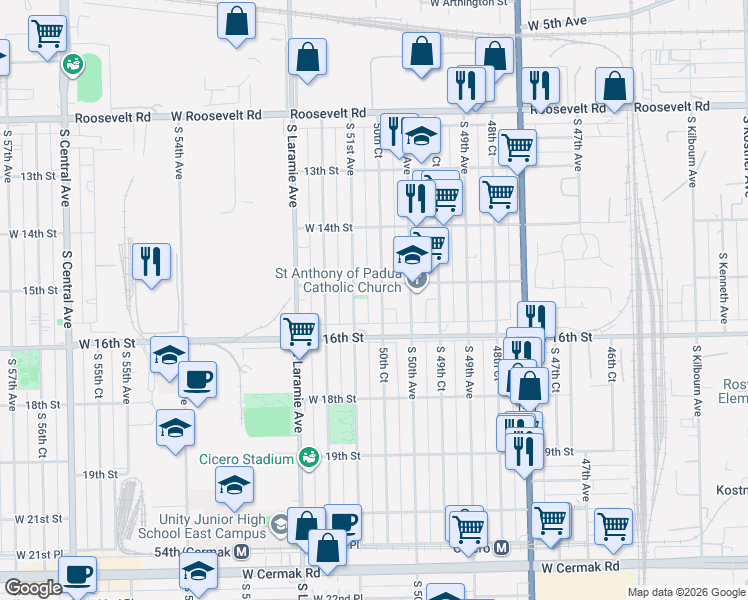 map of restaurants, bars, coffee shops, grocery stores, and more near 1445 South 51st Avenue in Chicago