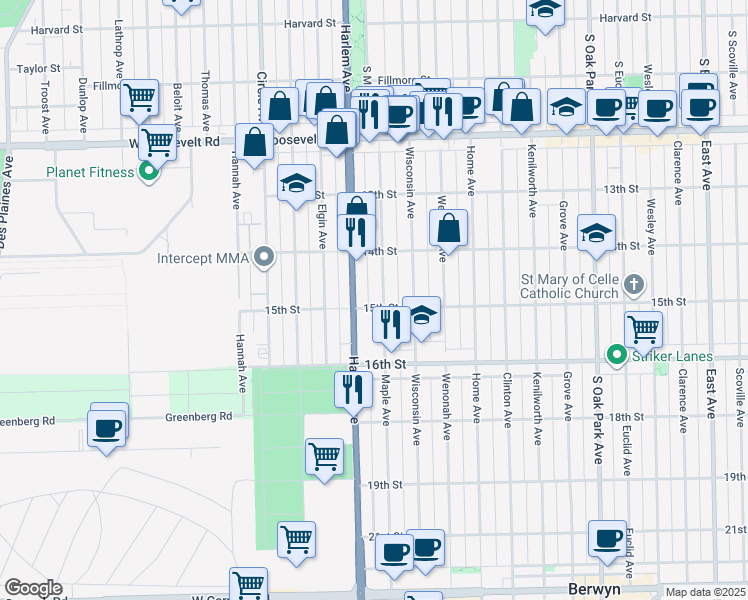 map of restaurants, bars, coffee shops, grocery stores, and more near 1427 Maple Avenue in Berwyn