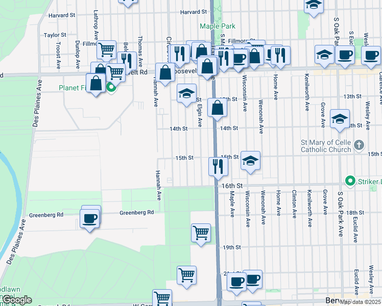 map of restaurants, bars, coffee shops, grocery stores, and more near 1421 Elgin Avenue in Forest Park
