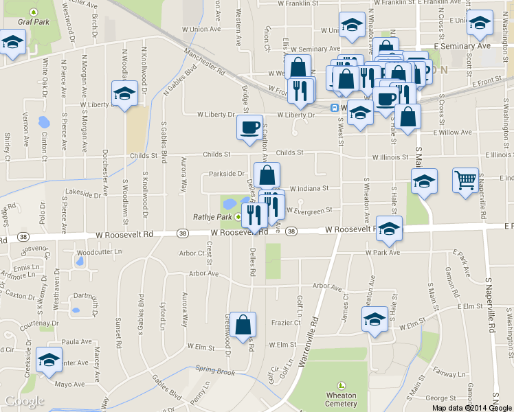 map of restaurants, bars, coffee shops, grocery stores, and more near 503 South Carlton Avenue in Wheaton