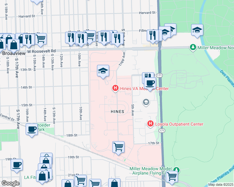 map of restaurants, bars, coffee shops, grocery stores, and more near Tripp Avenue in Hines