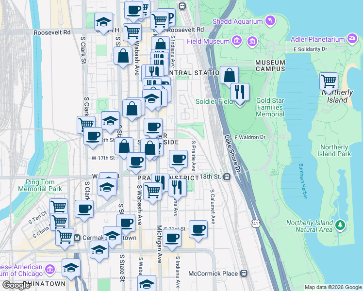 map of restaurants, bars, coffee shops, grocery stores, and more near 1601 South Indiana Avenue in Chicago
