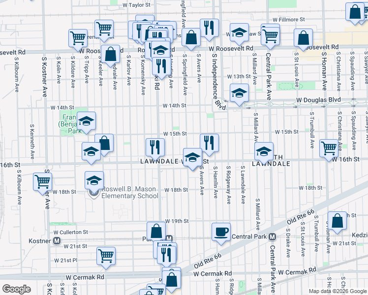 map of restaurants, bars, coffee shops, grocery stores, and more near 1500 South Springfield Avenue in Chicago