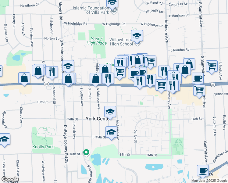 map of restaurants, bars, coffee shops, grocery stores, and more near 298 Illinois 38 in Villa Park