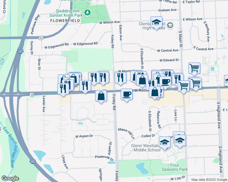 map of restaurants, bars, coffee shops, grocery stores, and more near W Roosevelt Rd & Finley Rd in Lombard