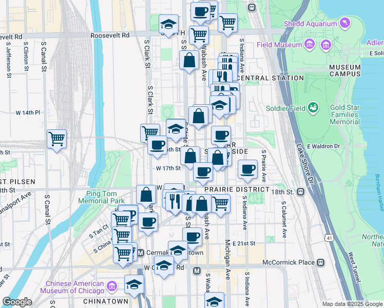 map of restaurants, bars, coffee shops, grocery stores, and more near 10 West 16th Street in Chicago