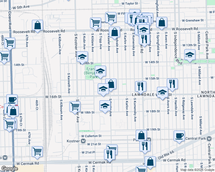 map of restaurants, bars, coffee shops, grocery stores, and more near 1524 South Keeler Avenue in Chicago