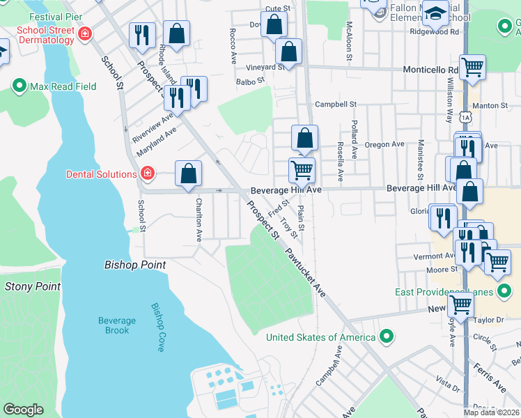 map of restaurants, bars, coffee shops, grocery stores, and more near 11 Dodge Street in Pawtucket