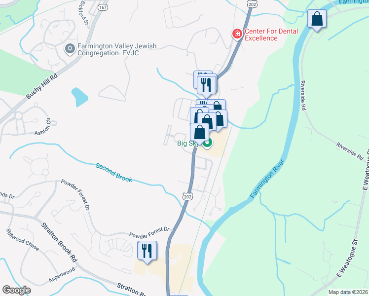 map of restaurants, bars, coffee shops, grocery stores, and more near 10 Wiggins Farm Drive in Simsbury