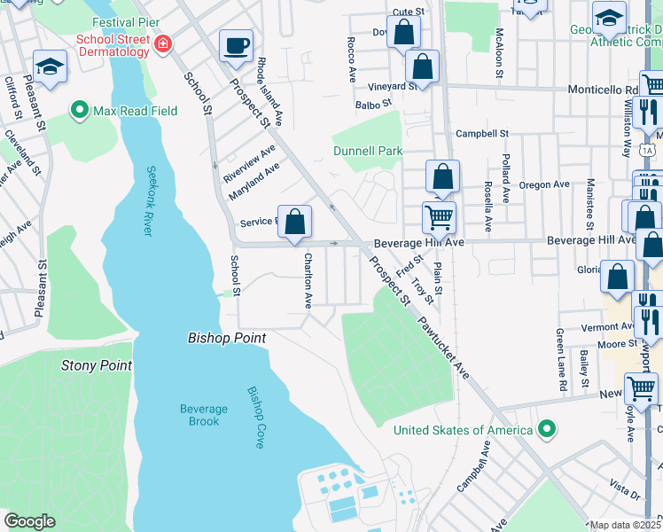 map of restaurants, bars, coffee shops, grocery stores, and more near 101 Beverage Hill Avenue in Pawtucket