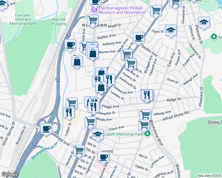map of restaurants, bars, coffee shops, grocery stores, and more near 519 Pawtucket Avenue in Pawtucket