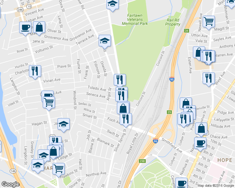map of restaurants, bars, coffee shops, grocery stores, and more near in Pawtucket