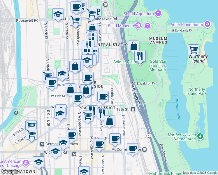 map of restaurants, bars, coffee shops, grocery stores, and more near 260 East 16th Street in Chicago