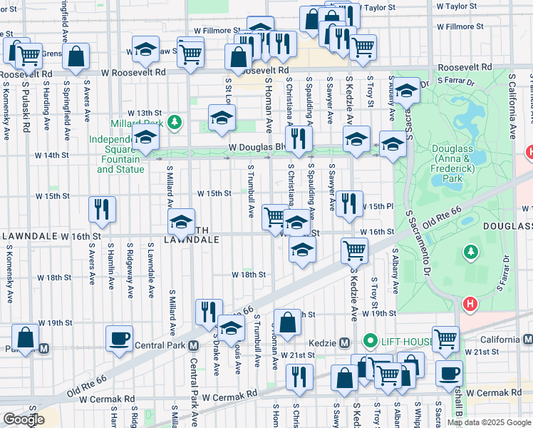 map of restaurants, bars, coffee shops, grocery stores, and more near 1511 South Trumbull Avenue in Chicago