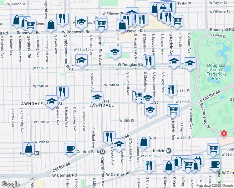 map of restaurants, bars, coffee shops, grocery stores, and more near 1509 South Saint Louis Avenue in Chicago